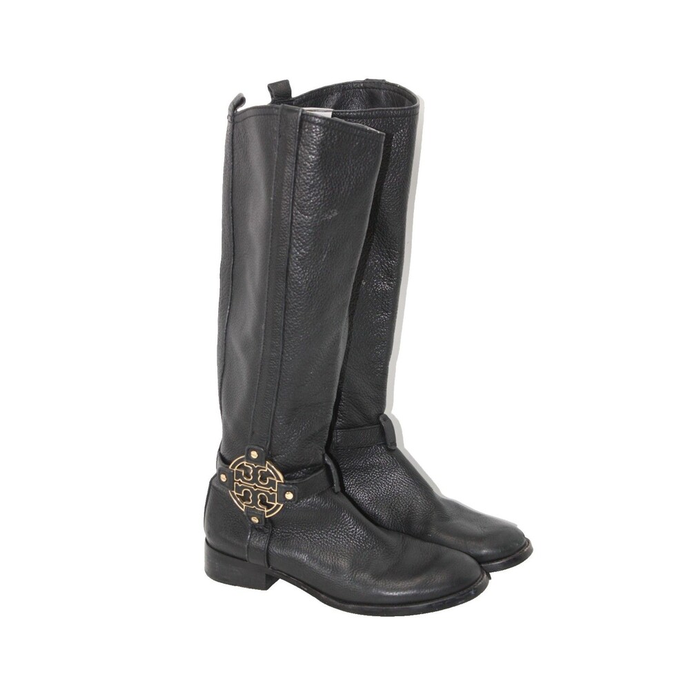 Tory Burch Amanda Riding Boot Women sz 8M Black Pebbled Leather Gold Logo